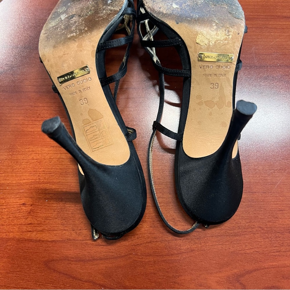 Dolce & Gabbana Black Strappy Slingback Heels with Gold Insole - Picture 5 of 11